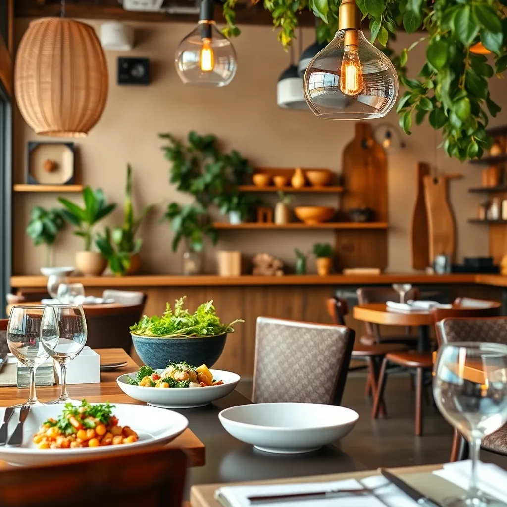A lush, sunlit corner of the Blossom Garden Kitchen outdoor dining patio with floral table settings and vibrant green botanical arrangements